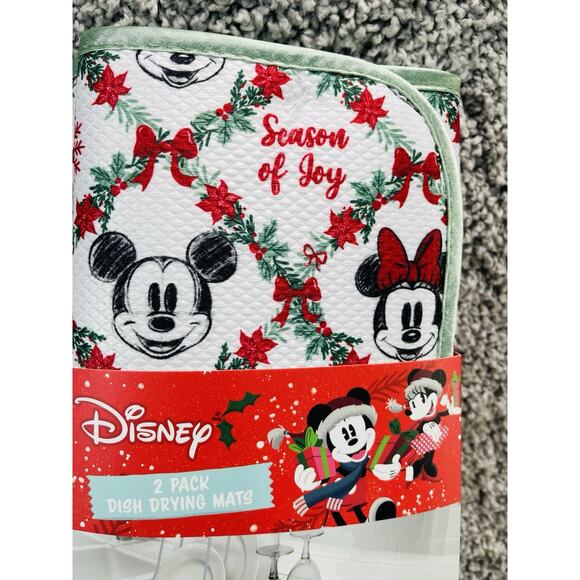 2 Pk Disney Mickey Minnie Dish Drying Mats 16" x 18" Christmas Wreath Holiday - Picture 3 of 8